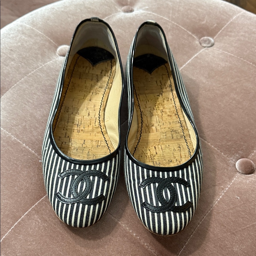 CHANEL Black and White Striped Flats